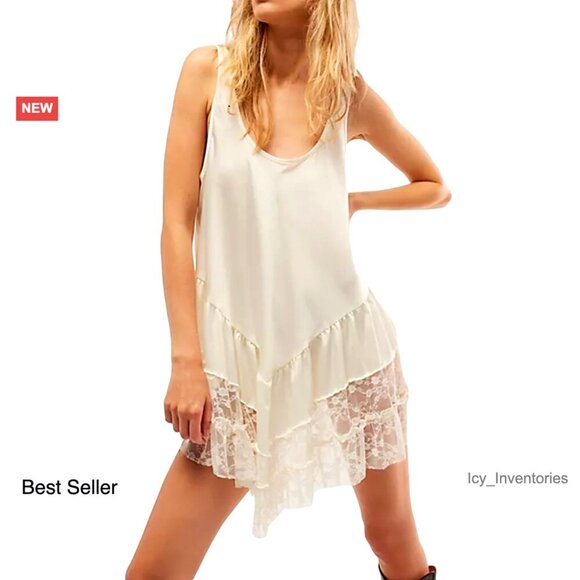 Dresses & Skirts - Satin Lace Mini Slip Dress Tiered Drop Waist Babydoll Sleeveless Flowy